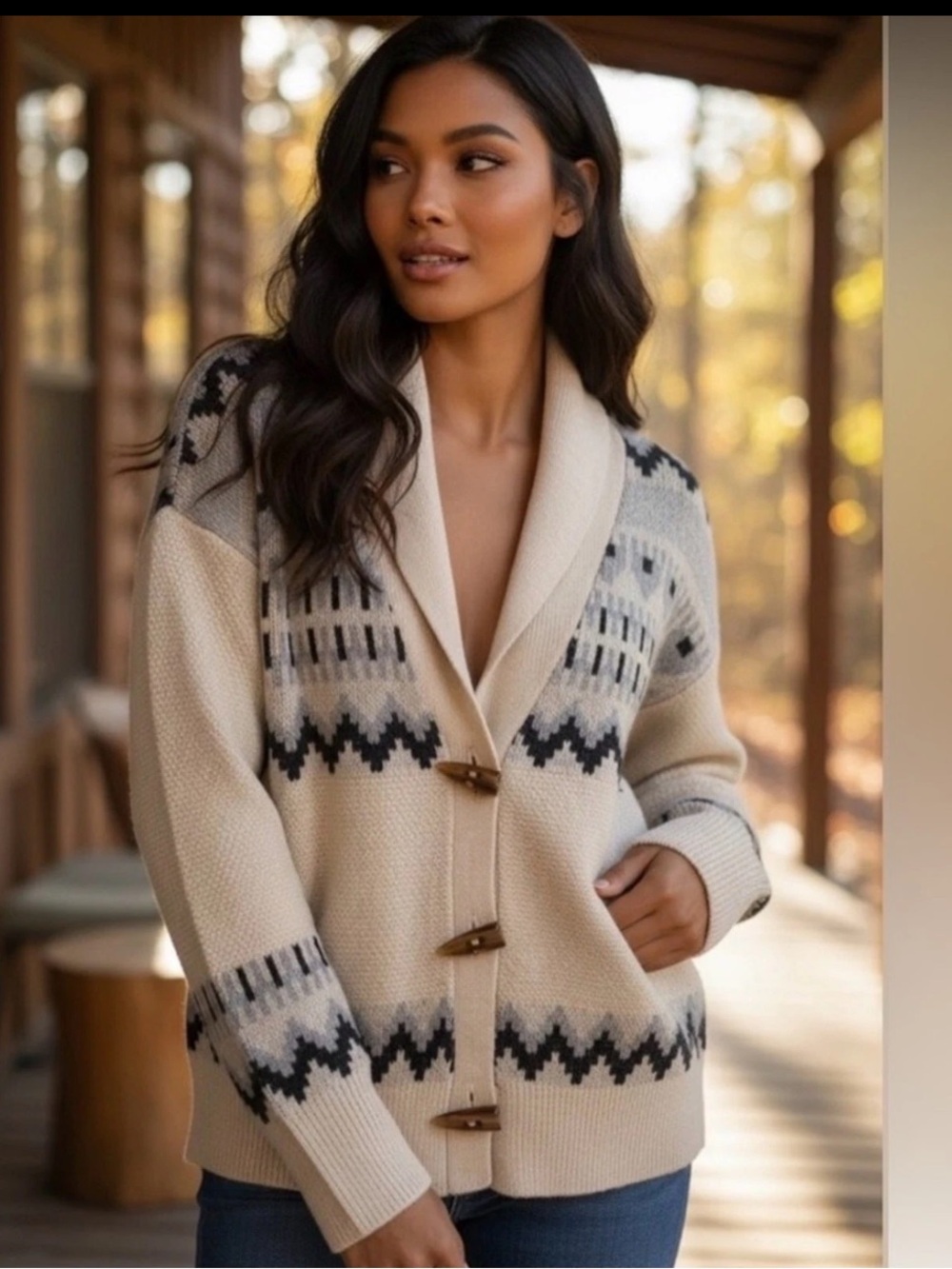 Frye Oatmeal Fair Isle Shawl Collar Toggle Cardigan Sweater XL NWT